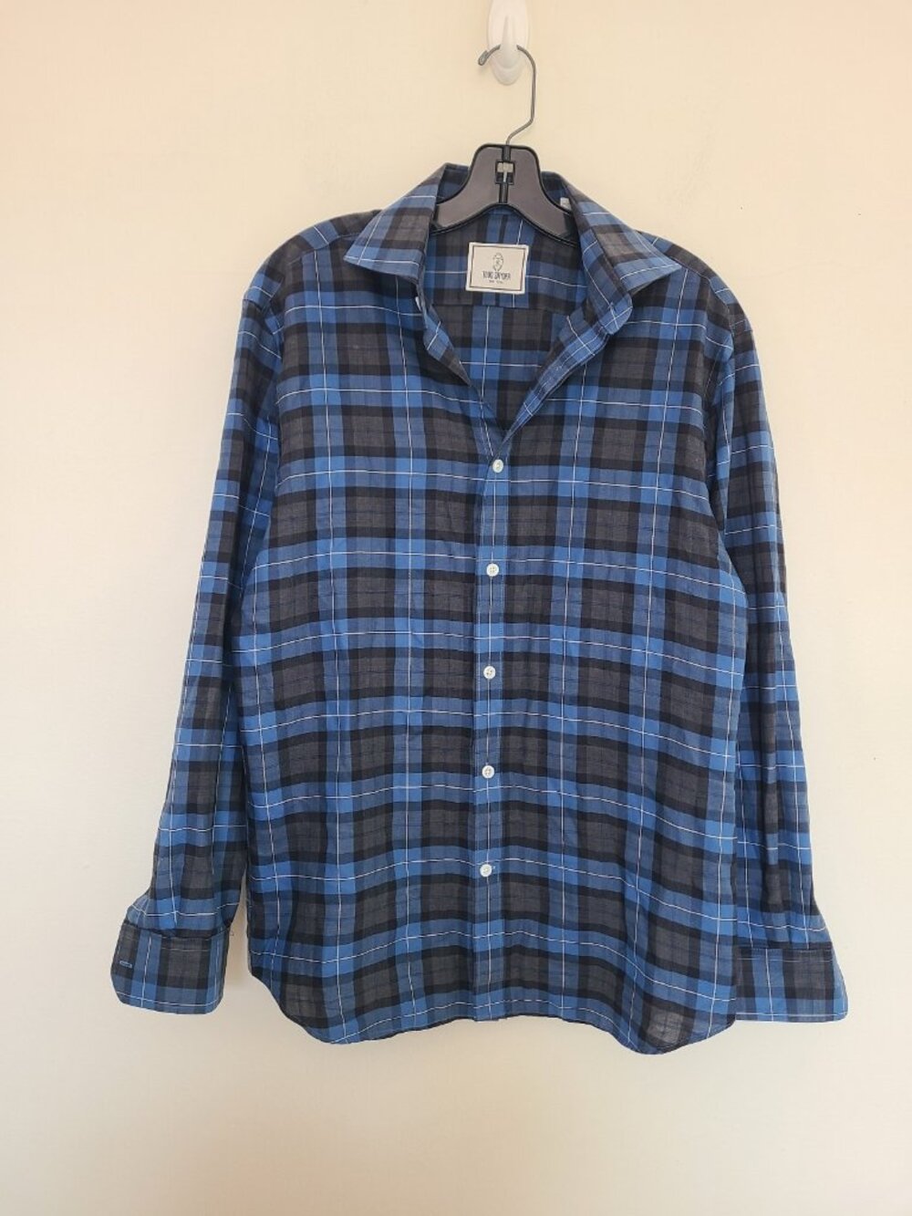 Todd Snyder Shirt Men Size 15.5 32-33 Long Sleeve Plaid Blue Black Lightweight